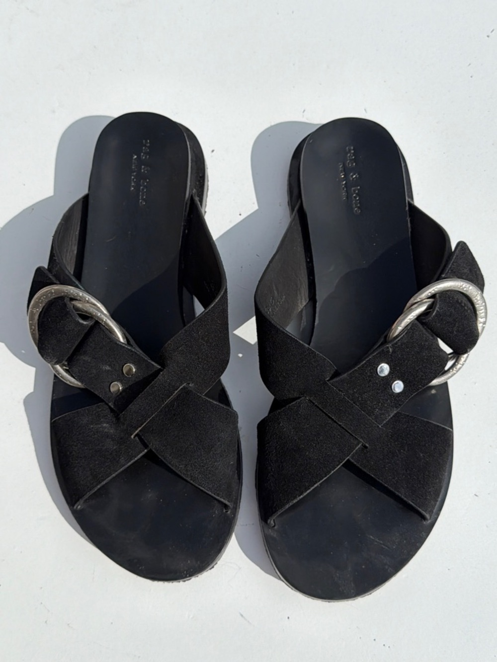rag & bone Black Crisscross Buckle Slide Mules